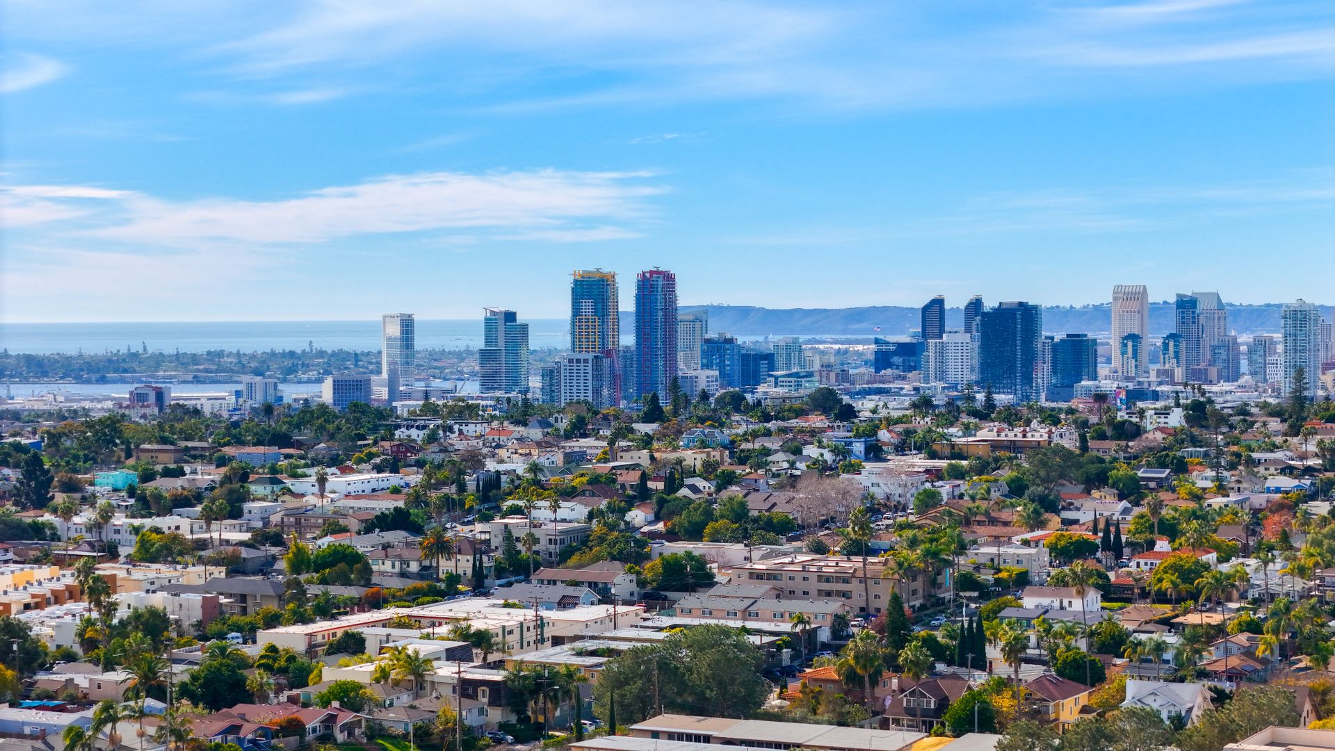 Aerial view of San Diego neighborhoods and skyline